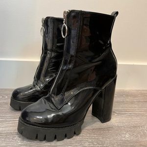 black patent leather heeled boots